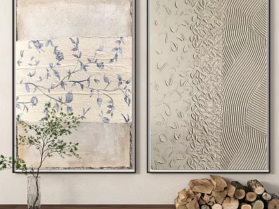 Two Decorative Paintings With Blue Floral And Textured Design Near Green Plant And Wooden Logs 3d model