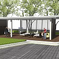 Modern Pergola With Trees Leisure Area Sofas People Gathering And Lawn