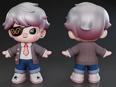Game Movie Character With Gray Purple Gradient Hair Eye Patch Red Tie And Blue Jeans 3d model