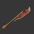 Red and Gold Ornate Weapon With Long Handle Scythe Blade and Gemstone Accents