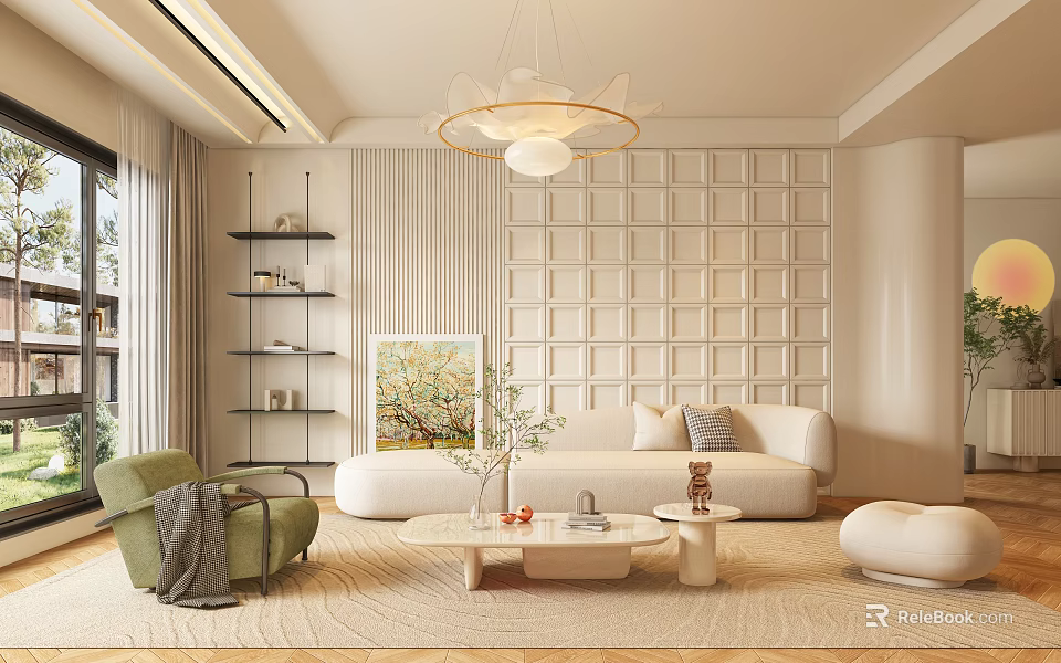 Elegant Modern Living Room Interior Design With Paneled Wall Chandelier White Sofa And Green Chair 3d model 