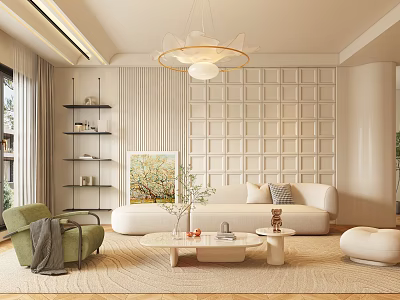 Elegant Modern Living Room Interior Design With Paneled Wall Chandelier White Sofa And Green Chair 3d model