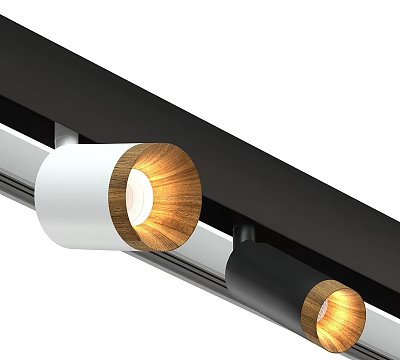 Modern Track Mounted Downlights And Spotlights With White Black Bodies Wooden Texture Warm Light 3d model