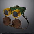 Green And Yellow Binoculars With Brown Strap Round Lens Covers And Gear Component