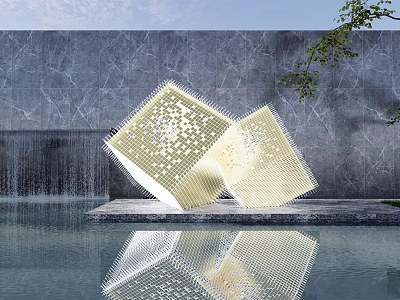 Golden Perforated Cube Sculptures on Waterfront Platform with Waterfall Reflection and Green Plants 3d model