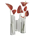 Transparent Glass Cylindrical Vases With Red Anthurium Flowers And Green Pink Leaves