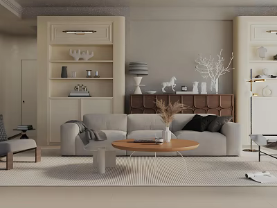 Modern Living Room Interior With Beige Sofa Wooden Coffee Table Rug And Decorative Bookshelf 3d model