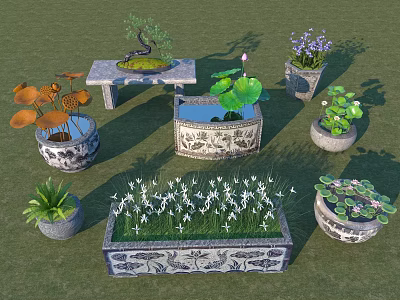 Courtyard Garden Featuring Stone Table Bonsai Tree Water Basin White Flowers and Decorative Planters 3d model