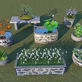 Courtyard Garden Featuring Stone Table Bonsai Tree Water Basin White Flowers and Decorative Planters