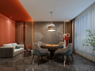 Hotel Mahjong Room Interior Featuring Orange Walls Wooden Decor Sofa And Chairs 3d model