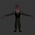 3D Dog Model with Black Body Erect Ears Arms Outstretched Wearing Black Vest Green Pants