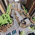 Modern Commercial Street With Glass Windows Outdoor Seating Cafes And High Rise Buildings