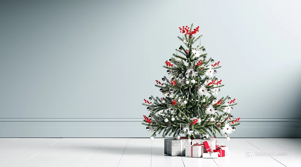Green Christmas Tree Decorated With Red Berries White Snowflakes And Gift Boxes Underneath 3d model 