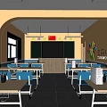 School Canteen Interior with Tables Chairs Blackboard Chinese Flag Colorful Tree Decoration and Tiled Floor