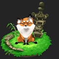 Cute Cartoon Fox Sitting On Green Grass With Stones And Stone Lantern