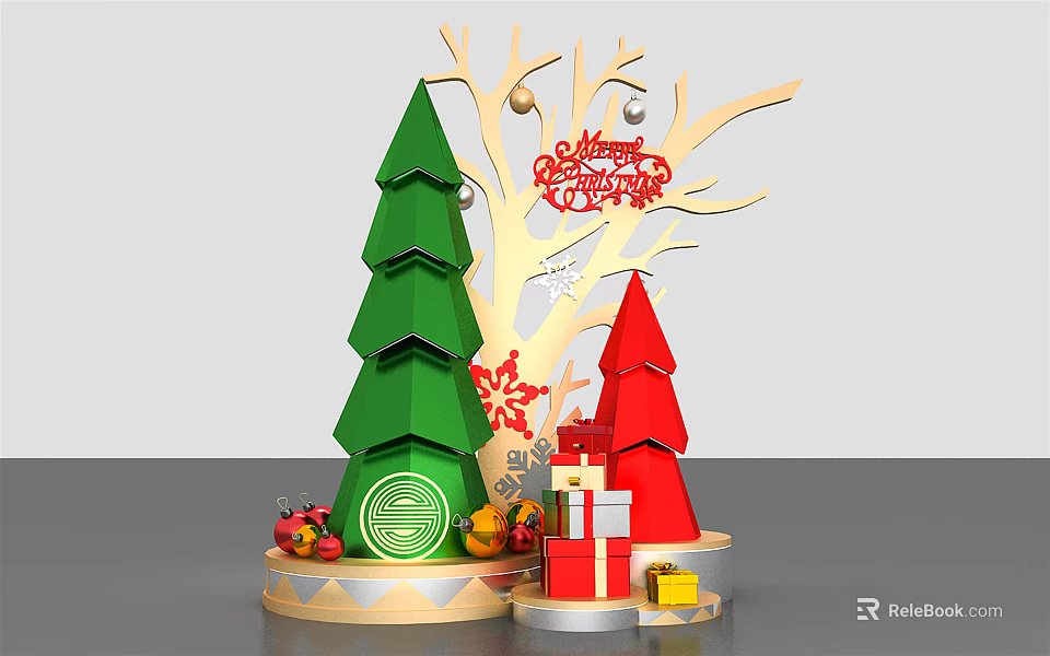 Festive Christmas Decoration Setup With Green Red Trees Gift Boxes And Snowflake 3d model 