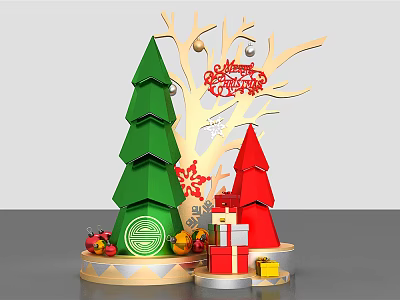 Festive Christmas Decoration Setup With Green Red Trees Gift Boxes And Snowflake 3d model