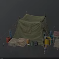 Camping Tent Setup With Green Canopy Buckets Crates Planks And Bottles
