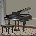 Elegant Black Grand Piano and Wooden Stool in Classic Living Room with Plants and Window