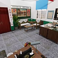 Cultural Center Interior With Exhibition Area Handicrafts Books And Display Shelves