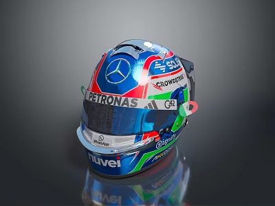 Modern Tactical Weapon Helmet Featuring Blue Red Green Accents And Brand Logos Design 3d model