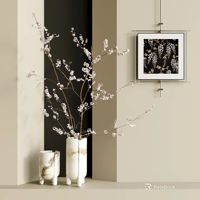 Cherry Blossom Branches In White Patterned Vase On Beige Wall With Framed Artwork 3d model
