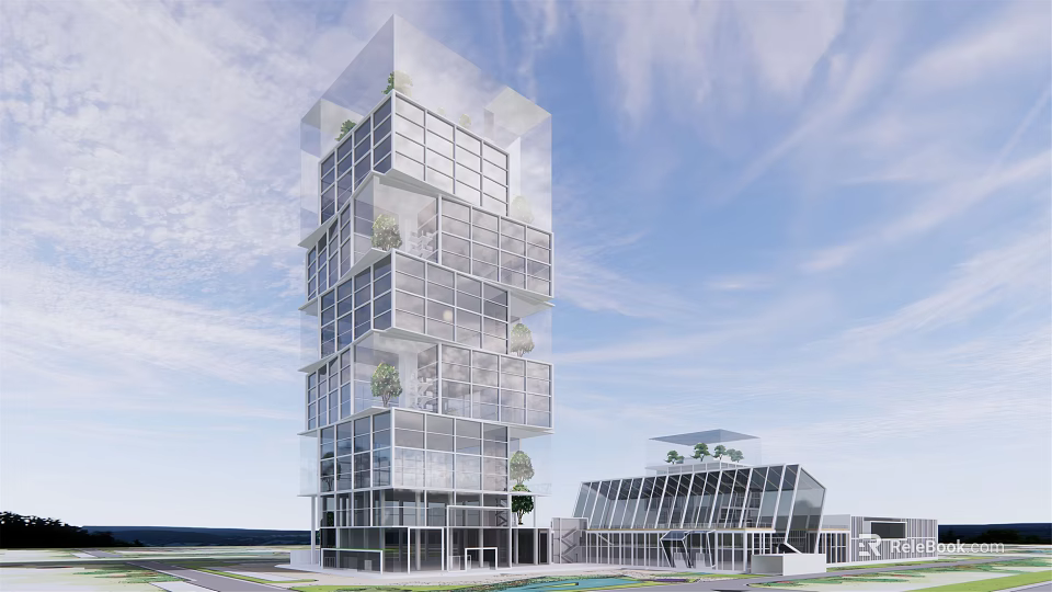 Modern Glass Office Building with Cascading Greenery and Adjacent Structures 3d model