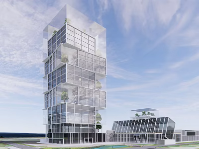 Modern Glass Office Building with Cascading Greenery and Adjacent Structures 3d model