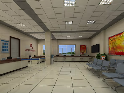 Modern Government Service Hall Interior With Service Counter Waiting Chairs And Posters 3d model