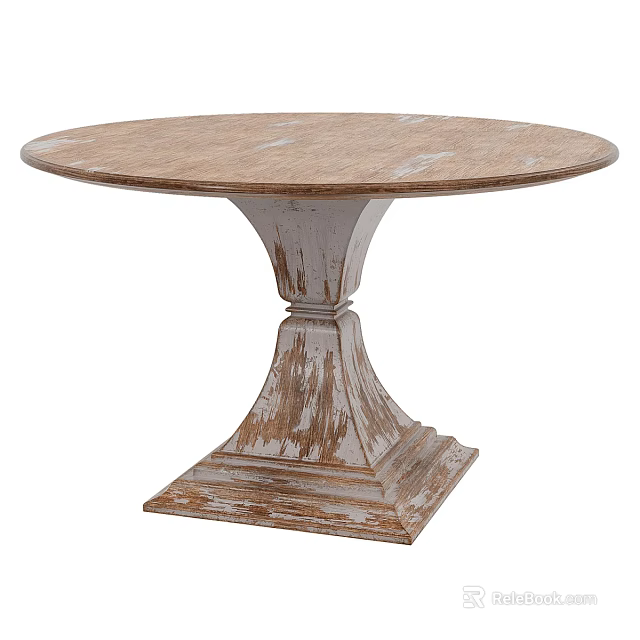 Round Distressed Wooden Dining Table With White Vintage Base And Rustic Design 3d model