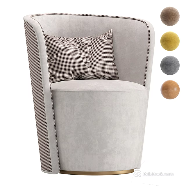 Elegant Light Gray Single Sofa With Striped Armrest Checkered Pillow And Decorative Balls 3d model