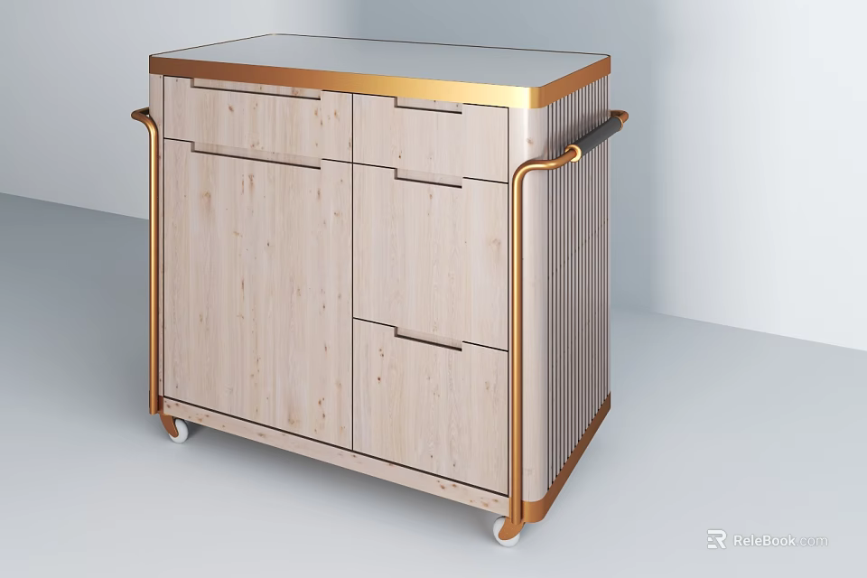 Commercial Kitchen Equipment Cart With Wooden Cabinet Drawers Gold Frame Glass Top And Wheels 3d model 