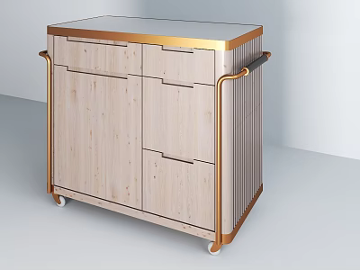Commercial Kitchen Equipment Cart With Wooden Cabinet Drawers Gold Frame Glass Top And Wheels 3d model