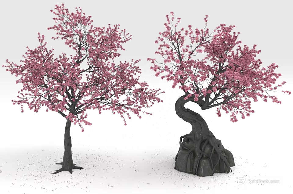 Beautiful Cherry Blossom Trees With Pink Flowers Straight And Curved Trunks 3d model 