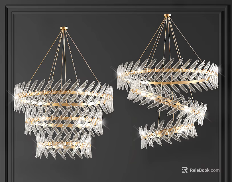Modern Crystal Chandeliers Featuring Golden Accents and Multi Layered Transparent Crystals 3d model 