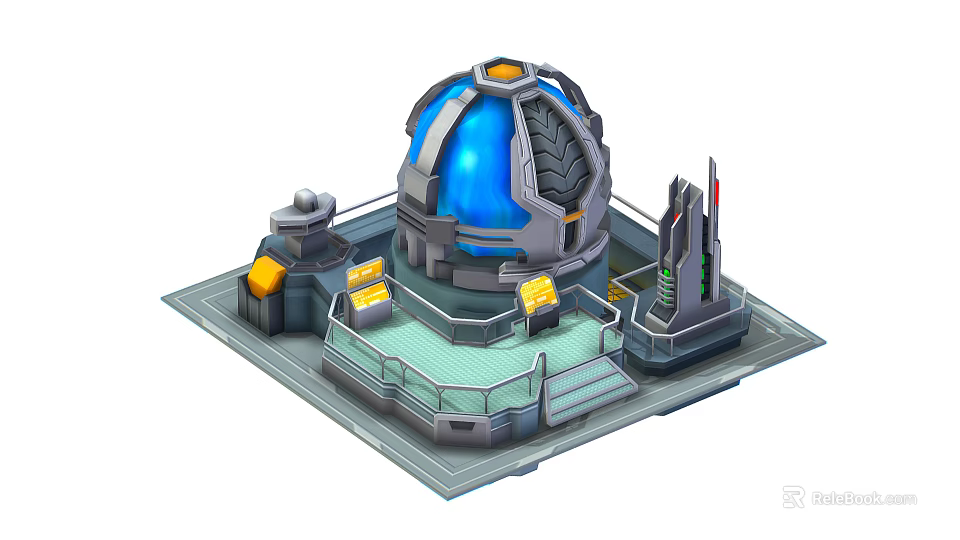 Cartoon Scene of Futuristic Dome Structure Featuring Blue Sphere Gray Platform Stairs and Control Panels 3d model 