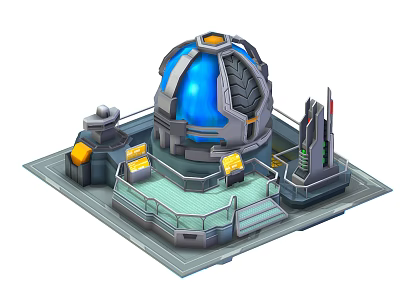 Cartoon Scene of Futuristic Dome Structure Featuring Blue Sphere Gray Platform Stairs and Control Panels 3d model