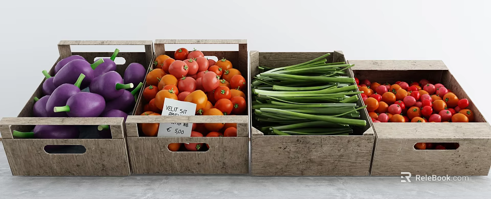 Fresh Vegetables in Wooden Crates with Eggplants Tomatoes Green Onions and Price Tag 3d model 
