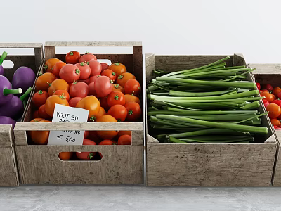 Fresh Vegetables in Wooden Crates with Eggplants Tomatoes Green Onions and Price Tag 3d model