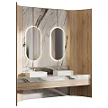 Elegant Modern Bathroom Vanity With Marble Countertop Double Sinks And Lighted Oval Mirrors