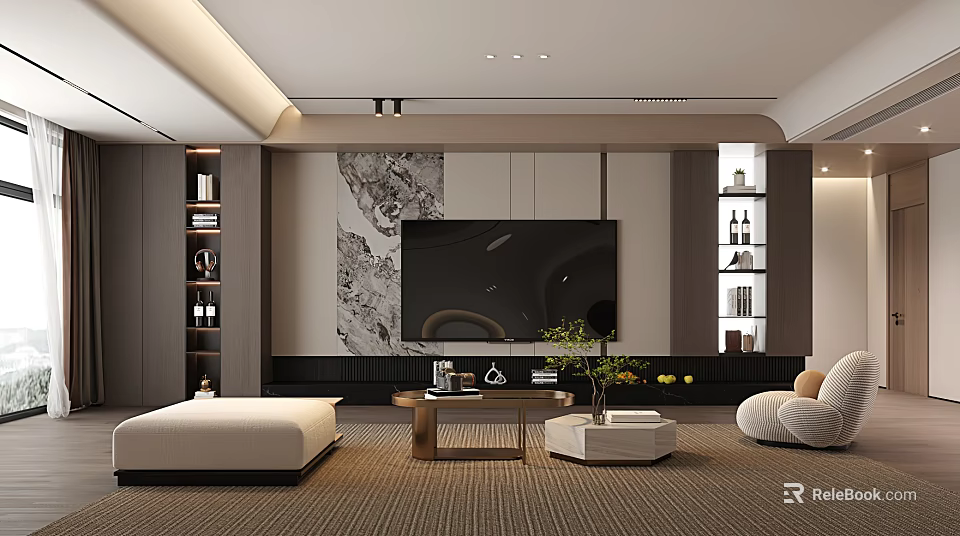 Modern Living Room Interior Design With TV Wall Decorative Painting Coffee Table And Sofa 3d model 