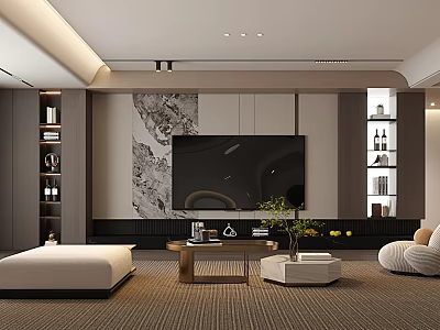 Modern Living Room Interior Design With TV Wall Decorative Painting Coffee Table And Sofa 3d model