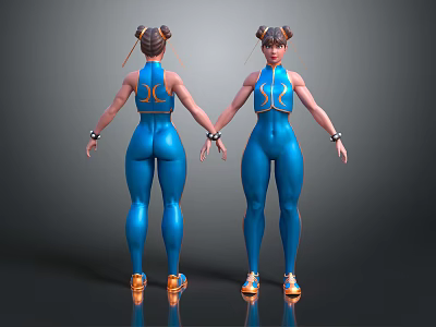 Humanoid Female Character In Blue Bodysuit With Double Bun Hairstyle Arm Bands Orange Shoes 3d model