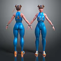 Humanoid Female Character In Blue Bodysuit With Double Bun Hairstyle Arm Bands Orange Shoes