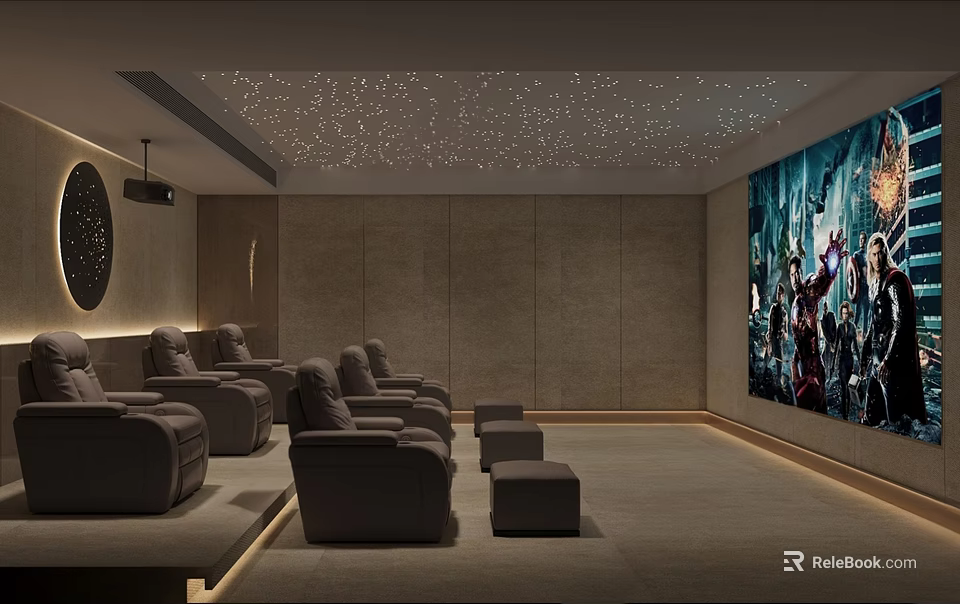 Elegant Home Theater Interior With Starry Ceiling Lights Comfortable Recliner Seats And Large Projection Screen 3d model 