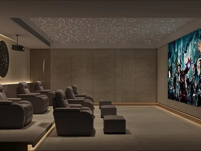 Elegant Home Theater Interior With Starry Ceiling Lights Comfortable Recliner Seats And Large Projection Screen 3d model