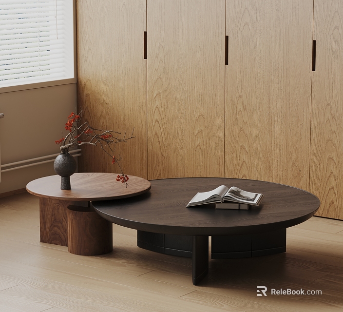 Modern Wooden Round Coffee Table With Vase And Books In Living Room 3d model 