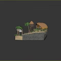 Miniature Tropical Scene Model With Thatched Huts Palm Trees And Off Road Vehicle
