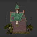 Colorful Cartoon Fairy Tale House With Multi Story Green Roof Tower Windows And Surrounding Trees