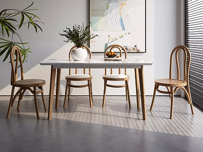 Dining Table Set With White Tabletop And Rattan Wooden Chairs Green Plant And Wall Art 3d model